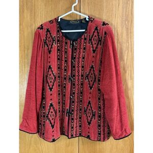 Vintage 80s Alex Kim Jacket Wms Sz XL Red Embroidery Aztec Brushed Rayon w Pads